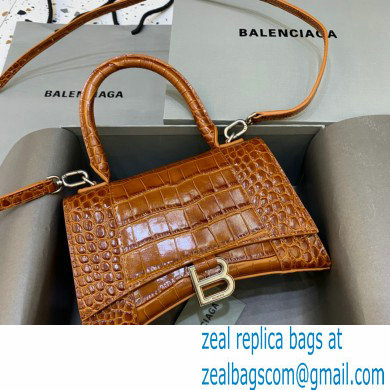 BALENCIAGA Hourglass Small Handbag in caramel shiny crocodile embossed calfskin 2022