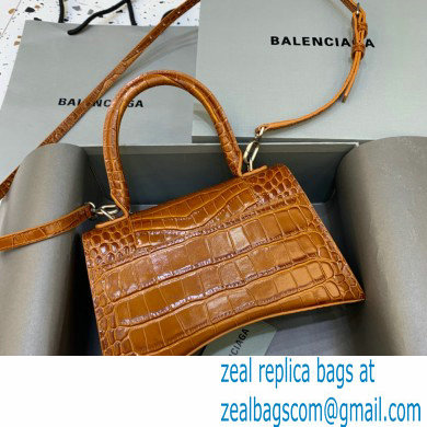 BALENCIAGA Hourglass Small Handbag in caramel shiny crocodile embossed calfskin 2022