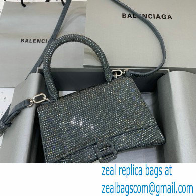 BALENCIAGA Hourglass Small Handbag in dark gray suede calfskin with rhinestones 2022