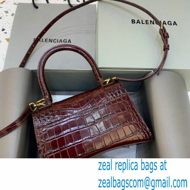 BALENCIAGA Hourglass Small Handbag in dark red shiny crocodile embossed calfskin 2022