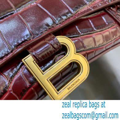 BALENCIAGA Hourglass Small Handbag in dark red shiny crocodile embossed calfskin 2022