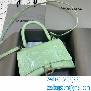 BALENCIAGA Hourglass Small Handbag in light green shiny crocodile embossed calfskin 2022