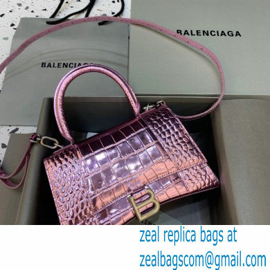 BALENCIAGA Hourglass Small Handbag in metallic pink shiny crocodile embossed calfskin 2022