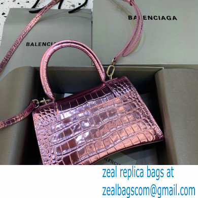 BALENCIAGA Hourglass Small Handbag in metallic pink shiny crocodile embossed calfskin 2022