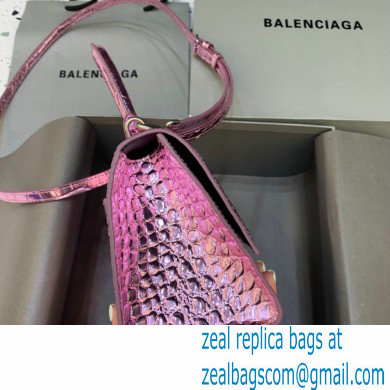 BALENCIAGA Hourglass Small Handbag in metallic pink shiny crocodile embossed calfskin 2022