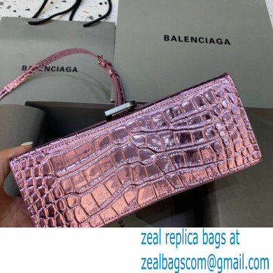 BALENCIAGA Hourglass Small Handbag in metallic pink shiny crocodile embossed calfskin 2022