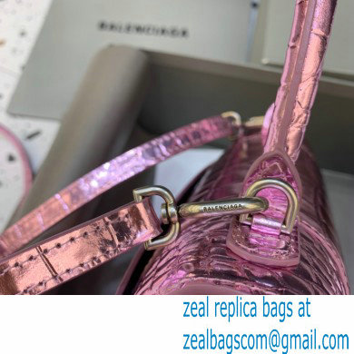 BALENCIAGA Hourglass Small Handbag in metallic pink shiny crocodile embossed calfskin 2022