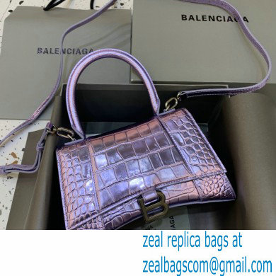 BALENCIAGA Hourglass Small Handbag in metallic purple shiny crocodile embossed calfskin 2022