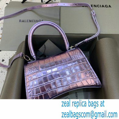 BALENCIAGA Hourglass Small Handbag in metallic purple shiny crocodile embossed calfskin 2022