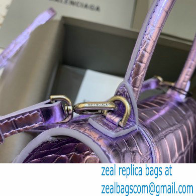 BALENCIAGA Hourglass Small Handbag in metallic purple shiny crocodile embossed calfskin 2022