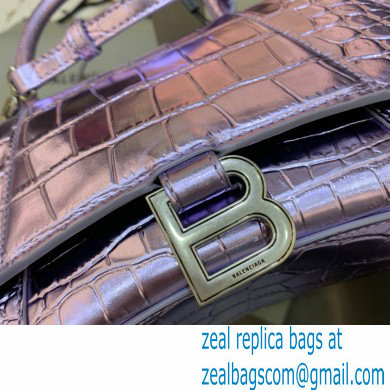 BALENCIAGA Hourglass Small Handbag in metallic purple shiny crocodile embossed calfskin 2022