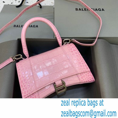 BALENCIAGA Hourglass Small Handbag in pink shiny crocodile embossed calfskin with golden hardware 2022