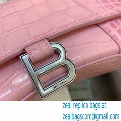 BALENCIAGA Hourglass Small Handbag in pink shiny crocodile embossed calfskin with golden hardware 2022