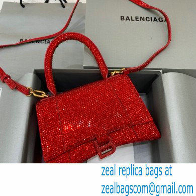 BALENCIAGA Hourglass Small Handbag in red suede calfskin with rhinestones 2022