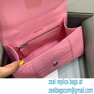 BALENCIAGA Hourglass Small Handbag in rose pink shiny crocodile embossed calfskin 2022