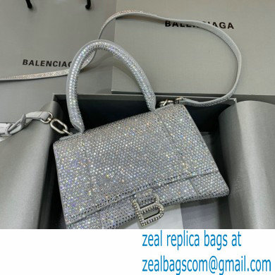 BALENCIAGA Hourglass Small Handbag in silver suede calfskin with rhinestones 2022