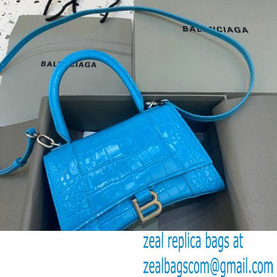 BALENCIAGA Hourglass Small Handbag in turquoise shiny crocodile embossed calfskin 2022