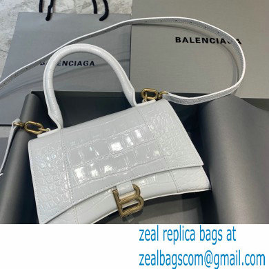 BALENCIAGA Hourglass Small Handbag in white shiny crocodile embossed calfskin with golden hardware 2022