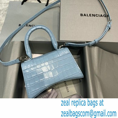 BALENCIAGA Hourglass XS Handbag in Linen Blue shiny crocodile embossed calfskin 2022