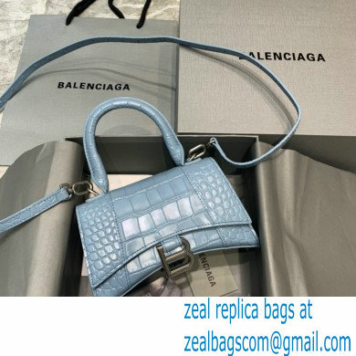 BALENCIAGA Hourglass XS Handbag in Linen Blue shiny crocodile embossed calfskin 2022