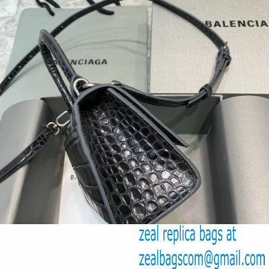 BALENCIAGA Hourglass XS Handbag in black shiny crocodile embossed calfskin 2022