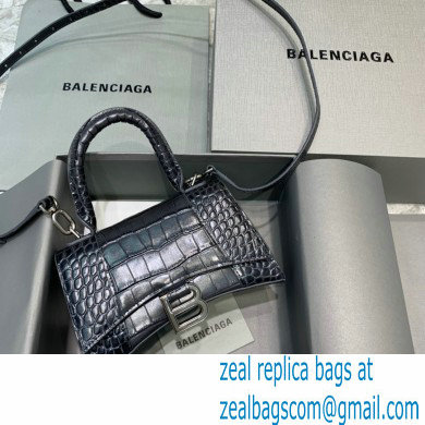 BALENCIAGA Hourglass XS Handbag in black shiny crocodile embossed calfskin 2022 - Click Image to Close