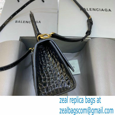 BALENCIAGA Hourglass XS Handbag in black shiny crocodile embossed calfskin with golden hardware 2022 - Click Image to Close