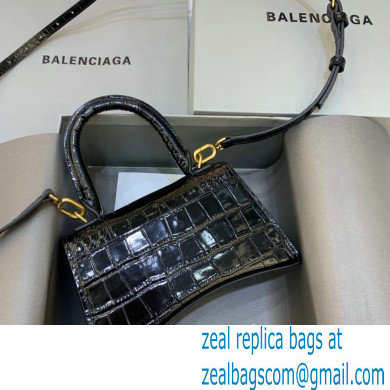 BALENCIAGA Hourglass XS Handbag in black shiny crocodile embossed calfskin with golden hardware 2022 - Click Image to Close