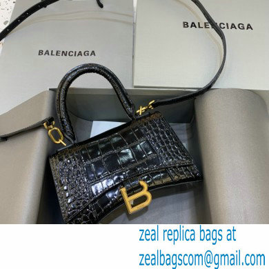 BALENCIAGA Hourglass XS Handbag in black shiny crocodile embossed calfskin with golden hardware 2022