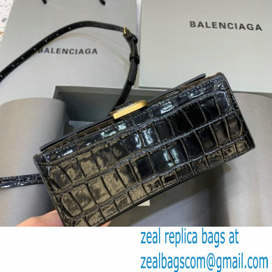 BALENCIAGA Hourglass XS Handbag in black shiny crocodile embossed calfskin with golden hardware 2022