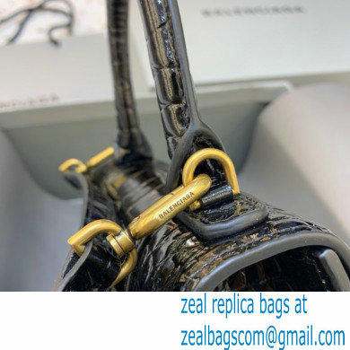 BALENCIAGA Hourglass XS Handbag in black shiny crocodile embossed calfskin with golden hardware 2022