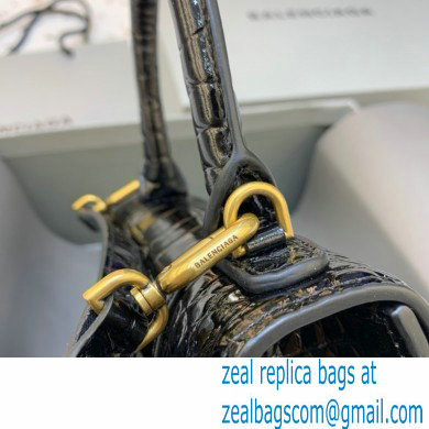 BALENCIAGA Hourglass XS Handbag in black shiny crocodile embossed calfskin with golden hardware 2022 - Click Image to Close