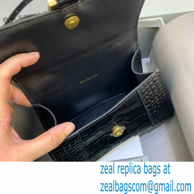 BALENCIAGA Hourglass XS Handbag in black shiny crocodile embossed calfskin with golden hardware 2022