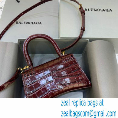 BALENCIAGA Hourglass XS Handbag in burgundy shiny crocodile embossed calfskin 2022
