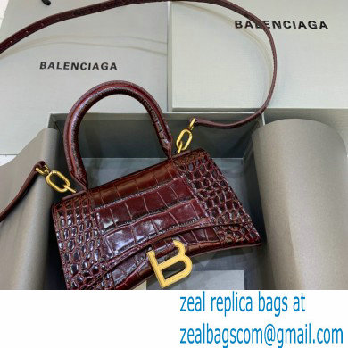 BALENCIAGA Hourglass XS Handbag in burgundy shiny crocodile embossed calfskin 2022