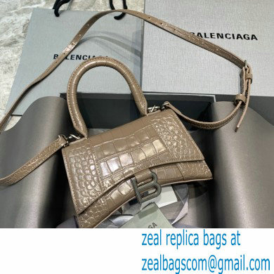 BALENCIAGA Hourglass XS Handbag in elephant gray shiny crocodile embossed calfskin 2022