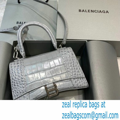 BALENCIAGA Hourglass XS Handbag in gray shiny crocodile embossed calfskin 2022