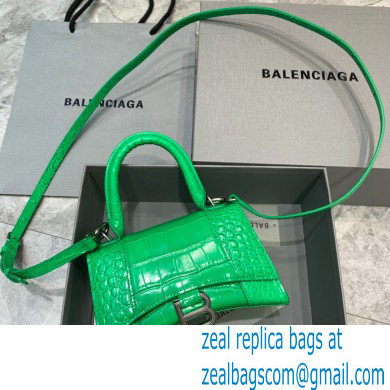 BALENCIAGA Hourglass XS Handbag in green shiny crocodile embossed calfskin with silver hardware 2022 - Click Image to Close