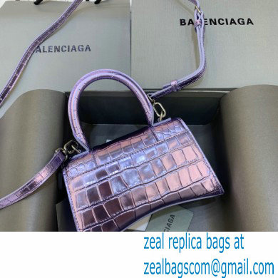 BALENCIAGA Hourglass XS Handbag in light purple shiny crocodile embossed calfskin 2022