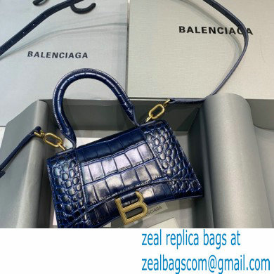 BALENCIAGA Hourglass XS Handbag in navy blue shiny crocodile embossed calfskin 2022