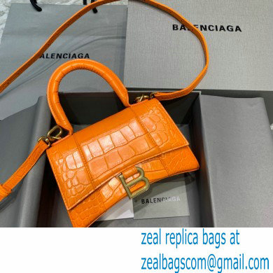 BALENCIAGA Hourglass XS Handbag in orange shiny crocodile embossed calfskin 2022