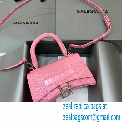 BALENCIAGA Hourglass XS Handbag in pink shiny crocodile embossed calfskin 2022