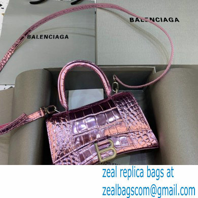 BALENCIAGA Hourglass XS Handbag in purple shiny crocodile embossed calfskin 2022