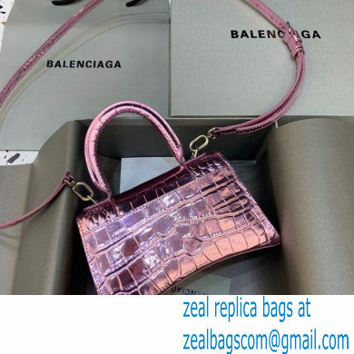 BALENCIAGA Hourglass XS Handbag in purple shiny crocodile embossed calfskin 2022