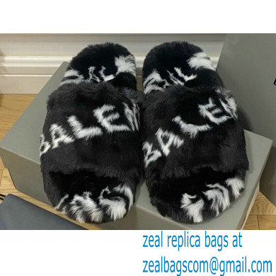 Balenciaga Allover Logo Furry Slide Sandals Black 2022