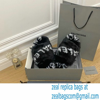 Balenciaga Allover Logo Furry Slide Sandals Black 2022