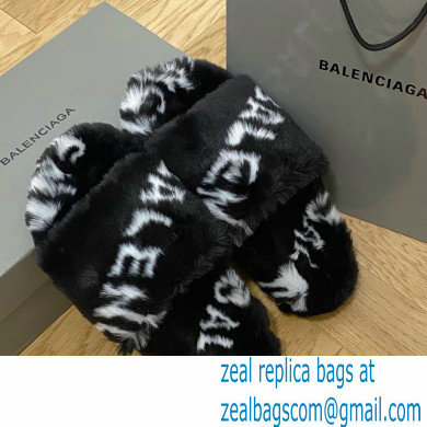 Balenciaga Allover Logo Furry Slide Sandals Black 2022