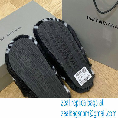 Balenciaga Allover Logo Furry Slide Sandals Black 2022 - Click Image to Close