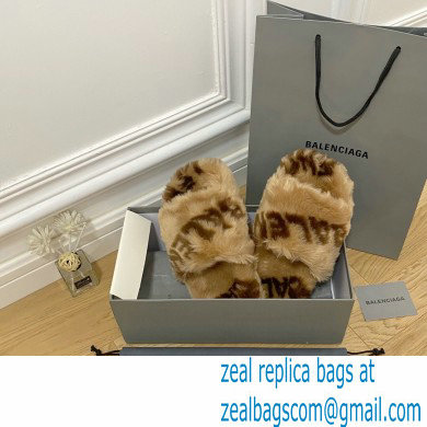 Balenciaga Allover Logo Furry Slide Sandals Brown 2022 - Click Image to Close