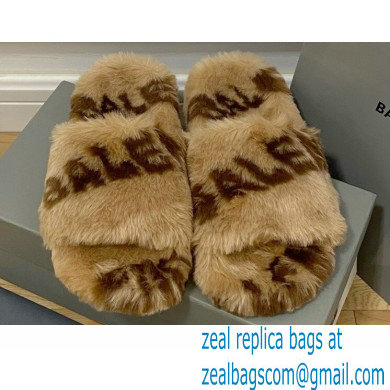 Balenciaga Allover Logo Furry Slide Sandals Brown 2022